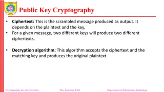 Public Key Cryptography
Cryptography & Cyber Security Mrs. Kanchan Patil Department of Information Technology
• Ciphertext: This is the scrambled message produced as output. It
depends on the plaintext and the key.
• For a given message, two different keys will produce two different
ciphertexts.
• Decryption algorithm: This algorithm accepts the ciphertext and the
matching key and produces the original plaintext
 