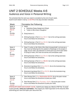 ENGL 208 Personal and Exploratory Writing Page 1 of 1
UNIT 2 SCHEDULE Weeks 4-6
Audience and Voice in Personal Writing
The schedule lists the work you need to complete by the end of each week.
Submit work listed in red by 11:59 PM on the day and date indicated.
Table 1
Week Complete the Following
Week 4
Monday
09/14
to
Sunday
09/20
1. Read:
• Epistolary Essay Assignment Sheet
• "Letter to My Unborn Daughter.”
2. Study lecture 1.
3. Writing Exercise 1 Part 1 Due 09/17. Go to the writing exercises
forum and follow the directions.
4. Writing Exercise 1 Part 2 Due 09/20. Go to the writing exercises
forum and follow the directions.
Week 5
Monday
09/21
to
Sunday
09/27
1. Read "A Letter to My Father Who Died Unexpectedly" and peruse a
few more by following the link posted to Readings on the project 2
page. As you read, pay attention to what point you think each letter
is trying to make, and note the stories and anecdotes used.
2. Writing Exercise 2 Part 1 Due 09/23. Go to the writing exercises
forum and follow the directions.
3. Writing Exercise 2 Part 2 Due 09/24. Go to the writing exercises
forum and follow the directions.
4. Brainstorming Ideas Part 1 Due 09/25. Go to the brainstorming
forum and follow the directions.
5. Brainstorming Ideas Part 2 Due 09/26. Go to the brainstorming
forum and follow the directions.
Week 6
Monday
09/28
to
Sunday
10/04
1. Peer Review Part 1 Due Wednesday 09/30. Go to the peer review
forum and follow the directions to post your draft.
2. Peer Review Part 2 Due Thursday, 10/01. Go to the peer review
forum and follow the directions to post your draft.
EPISTOLARY ESSAY DUE SUNDAY 10/04. Submit your essay as a Word or PDF file. To avoid
a point penalty, verify your submission. This means you need to go back to the drop box after
submitting your work and open your document file.
 