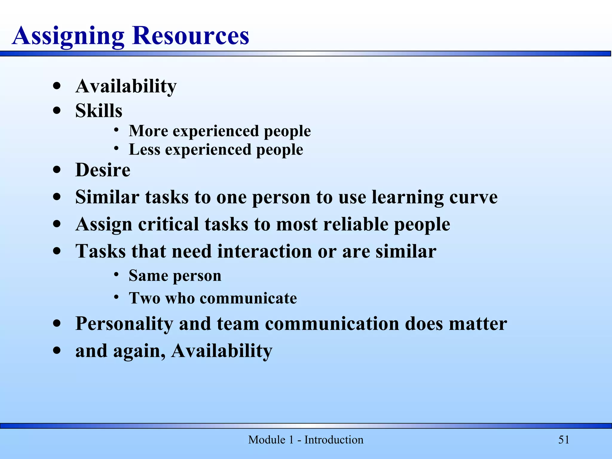 Module 1 - Introduction 51
• Availability
• Skills
• More experienced people
• Less experienced people
• Desire
• Similar tasks to one person to use learning curve
• Assign critical tasks to most reliable people
• Tasks that need interaction or are similar
• Same person
• Two who communicate
• Personality and team communication does matter
• and again, Availability
Assigning Resources
 