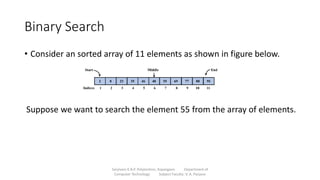 Binary Search
• Consider an sorted array of 11 elements as shown in figure below.
Sanjivani K.B.P. Polytechnic, Kopargaon Department of
Computer Technology Subject Faculty: V. A. Parjane
Suppose we want to search the element 55 from the array of elements.
 