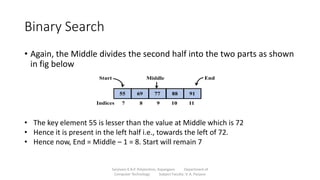 Binary Search
• Again, the Middle divides the second half into the two parts as shown
in fig below
Sanjivani K.B.P. Polytechnic, Kopargaon Department of
Computer Technology Subject Faculty: V. A. Parjane
• The key element 55 is lesser than the value at Middle which is 72
• Hence it is present in the left half i.e., towards the left of 72.
• Hence now, End = Middle – 1 = 8. Start will remain 7
 