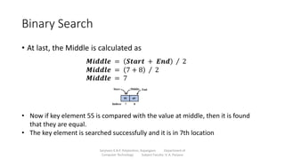 Binary Search
• At last, the Middle is calculated as
Sanjivani K.B.P. Polytechnic, Kopargaon Department of
Computer Technology Subject Faculty: V. A. Parjane
• Now if key element 55 is compared with the value at middle, then it is found
that they are equal.
• The key element is searched successfully and it is in 7th location
𝑴𝒊𝒅𝒅𝒍𝒆 = 𝑺𝒕𝒂𝒓𝒕 + 𝑬𝒏𝒅 2
𝑴𝒊𝒅𝒅𝒍𝒆 = 7 + 8 2
𝑴𝒊𝒅𝒅𝒍𝒆 = 7
 