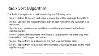 Radix Sort (Algorithm)
The Radix sort algorithm is performed using the following steps...
• Step 1 - Define 10 queues each representing a bucket for each digit from 0 to 9.
• Step 2 - Consider the least significant digit of each number in the list which is to
be sorted.
• Step 3 - Insert each number into their respective queue based on the least
significant digit.
• Step 4 - Group all the numbers from queue 0 to queue 9 in the order they have
inserted into their respective queues.
• Step 5 - Repeat from step 3 based on the next least significant digit.
• Step 6 - Repeat from step 2 until all the numbers are grouped based on the most
significant digit.
Sanjivani K.B.P. Polytechnic, Kopargaon Department of Computer Technology Subject Faculty: V. A. Parjane
 