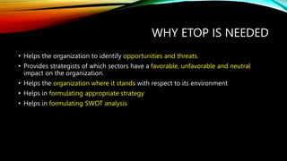 WHY ETOP IS NEEDED
• Helps the organization to identify opportunities and threats.
• Provides strategists of which sectors have a favorable, unfavorable and neutral
impact on the organization.
• Helps the organization where it stands with respect to its environment
• Helps in formulating appropriate strategy
• Helps in formulating SWOT analysis
 