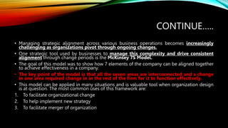 CONTINUE…..
• Managing strategic alignment across various business operations becomes increasingly
challenging as organizations pivot through ongoing changes.
• One strategic tool used by businesses to manage this complexity and drive consistent
alignment through change periods is the McKinsey 7S Model.
• The goal of this model was to show how 7 elements of the company can be aligned together
to achieve effectiveness in a company.
• The key point of the model is that all the seven areas are interconnected and a change
in one area required change in in the rest of the firm for it to function effectively.
• This model can be applied in many situations and is valuable tool when organization design
is at question. The most common uses of this framework are:
1. To facilitate organizational change
2. To help implement new strategy
3. To facilitate merger of organization
 