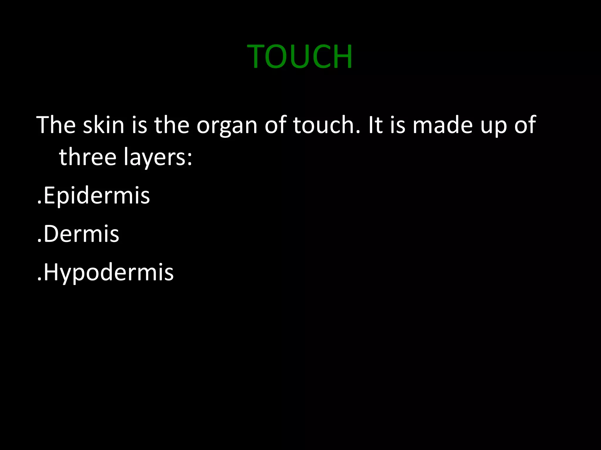 TOUCH
The skin is the organ of touch. It is made up of
three layers:
.Epidermis
.Dermis
.Hypodermis
 