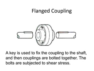 Flanged Coupling
A key is used to fix the coupling to the shaft,
and then couplings are bolted together. The
bolts are subjected to shear stress.
 