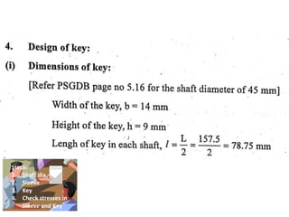 Steps:
1. Shaft dia
2. Sleeve
3. Key
4. Check stresses in
Sleeve and Key
 