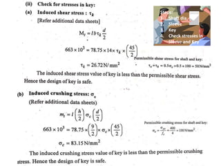 Steps:
1. Shaft dia
2. Sleeve
3. Key
4. Check stresses in
Sleeve and Key
 