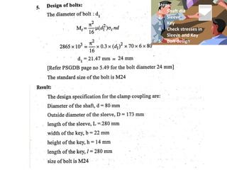 Steps:
1. Shaft dia
2. Sleeve
3. Key
4. Check stresses in
Sleeve and Key
5. Bolt design
 