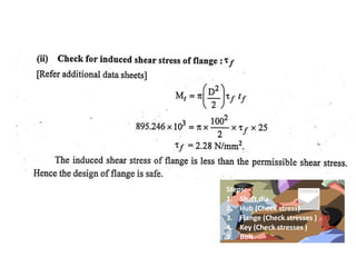 Steps:
1. Shaft dia
2. Hub (Check stress)
3. Flange (Check stresses )
4. Key (Check stresses )
5. Bolt
 
