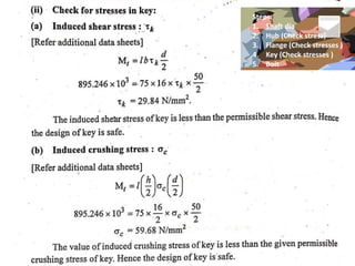 Steps:
1. Shaft dia
2. Hub (Check stress)
3. Flange (Check stresses )
4. Key (Check stresses )
5. Bolt
 