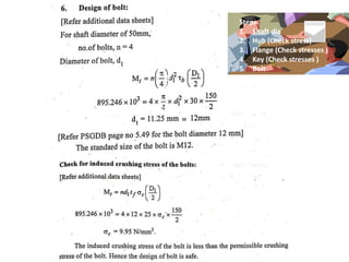 Steps:
1. Shaft dia
2. Hub (Check stress)
3. Flange (Check stresses )
4. Key (Check stresses )
5. Bolt
 