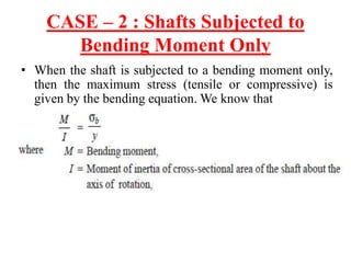 CASE – 2 : Shafts Subjected to
Bending Moment Only
• When the shaft is subjected to a bending moment only,
then the maximum stress (tensile or compressive) is
given by the bending equation. We know that
 