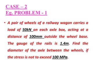 CASE – 2
Eg. PROBLEM - 1
• A pair of wheels of a railway wagon carries a
load of 50kN on each axle box, acting at a
distance of 100mm outside the wheel base.
The gauge of the rails is 1.4m. Find the
diameter of the axle between the wheels, if
the stress is not to exceed 100 MPa.
 