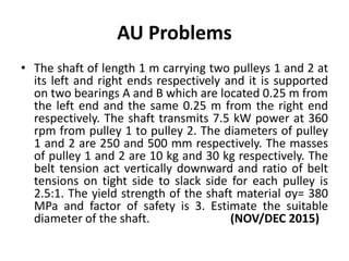 AU Problems
• The shaft of length 1 m carrying two pulleys 1 and 2 at
its left and right ends respectively and it is supported
on two bearings A and B which are located 0.25 m from
the left end and the same 0.25 m from the right end
respectively. The shaft transmits 7.5 kW power at 360
rpm from pulley 1 to pulley 2. The diameters of pulley
1 and 2 are 250 and 500 mm respectively. The masses
of pulley 1 and 2 are 10 kg and 30 kg respectively. The
belt tension act vertically downward and ratio of belt
tensions on tight side to slack side for each pulley is
2.5:1. The yield strength of the shaft material σy= 380
MPa and factor of safety is 3. Estimate the suitable
diameter of the shaft. (NOV/DEC 2015)
 