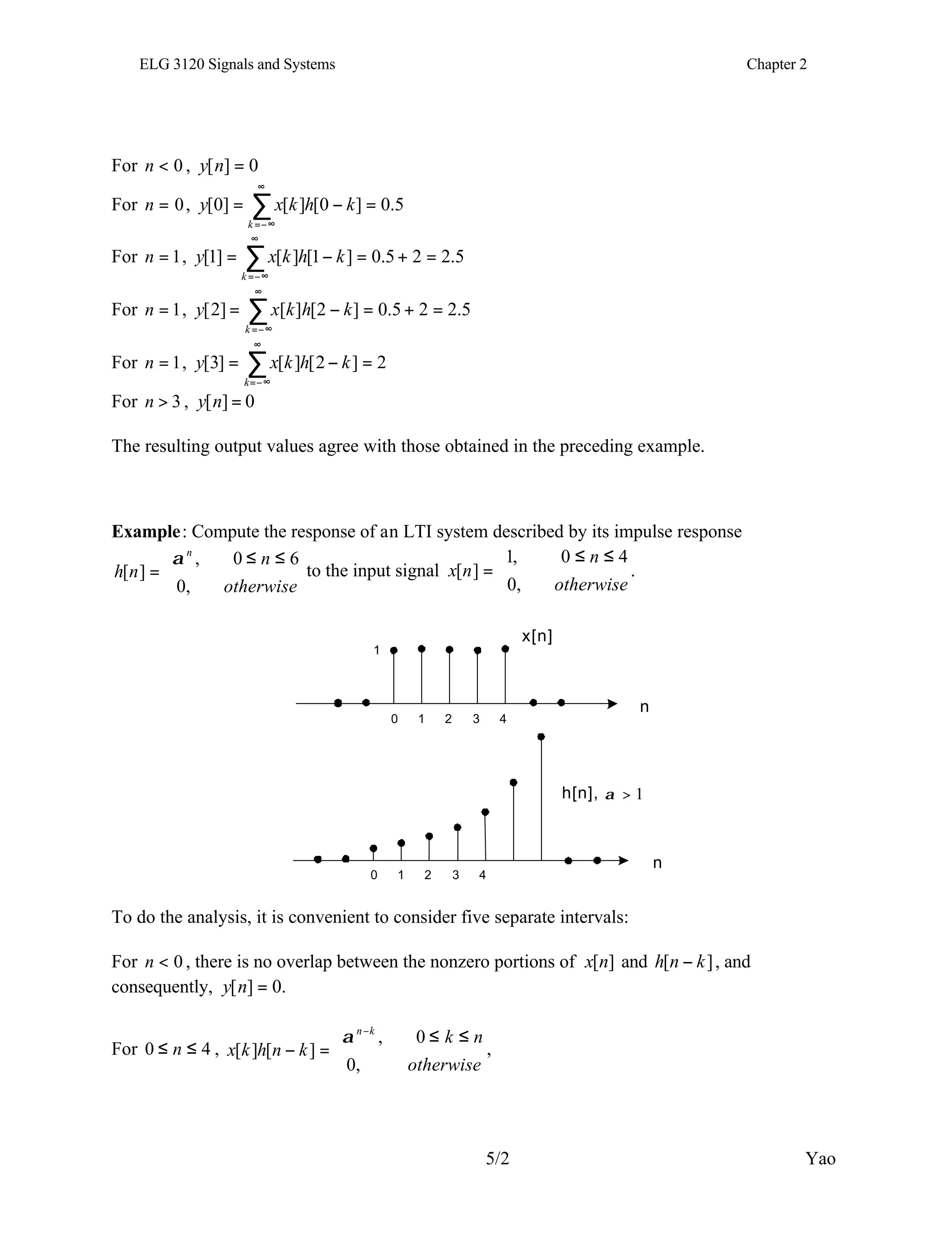 ELG 3120 Signals and Systems Chapter 2
5/2 Yao
For 0
<
n , 0
]
[ =
n
y
For 0
=
n , ∑
∞
−∞
=
=
−
=
k
k
h
k
x
y 5
.
0
]
0
[
]
[
]
0
[
For 1
=
n , ∑
∞
−∞
=
=
+
=
−
=
k
k
h
k
x
y 5
.
2
2
5
.
0
]
1
[
]
[
]
1
[
For 1
=
n , ∑
∞
−∞
=
=
+
=
−
=
k
k
h
k
x
y 5
.
2
2
5
.
0
]
2
[
]
[
]
2
[
For 1
=
n , ∑
∞
−∞
=
=
−
=
k
k
h
k
x
y 2
]
2
[
]
[
]
3
[
For 3
>
n , 0
]
[ =
n
y
The resulting output values agree with those obtained in the preceding example.
Example: Compute the response of an LTI system described by its impulse response


 ≤
≤
=
otherwise
n
n
h
n
,
0
6
0
,
]
[
α
to the input signal


 ≤
≤
=
otherwise
n
n
x
,
0
4
0
,
1
]
[ .
x[n]
n
1
1 2
0 3 4
h[n],
n
1 2
0 3 4
1
>
α
To do the analysis, it is convenient to consider five separate intervals:
For 0
<
n , there is no overlap between the nonzero portions of ]
[n
x and ]
[ k
n
h − , and
consequently, .
0
]
[ =
n
y
For 4
0 ≤
≤ n ,


 ≤
≤
=
−
−
otherwise
n
k
k
n
h
k
x
k
n
,
0
0
,
]
[
]
[
α
,
 