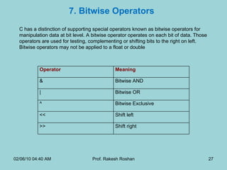 7. Bitwise Operators C has a distinction of supporting special operators known as bitwise operators for manipulation data at bit level. A bitwise operator operates on each bit of data. Those operators are used for testing, complementing or shifting bits to the right on left. Bitwise operators may not be applied to a float or double  02/06/10   04:40 AM Prof. Rakesh Roshan Operator Meaning & Bitwise AND  |  Bitwise OR  ^  Bitwise Exclusive << Shift left  >>  Shift right  