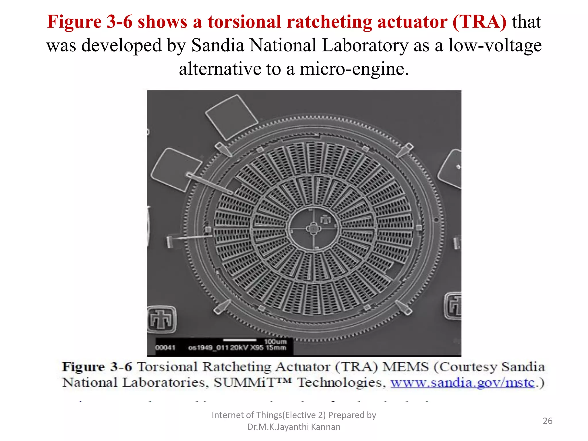 Figure 3-6 shows a torsional ratcheting actuator (TRA) that
was developed by Sandia National Laboratory as a low-voltage
alternative to a micro-engine.
Internet of Things(Elective 2) Prepared by
Dr.M.K.Jayanthi Kannan
26
 