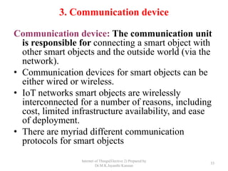 3. Communication device
Communication device: The communication unit
is responsible for connecting a smart object with
other smart objects and the outside world (via the
network).
• Communication devices for smart objects can be
either wired or wireless.
• IoT networks smart objects are wirelessly
interconnected for a number of reasons, including
cost, limited infrastructure availability, and ease
of deployment.
• There are myriad different communication
protocols for smart objects
Internet of Things(Elective 2) Prepared by
Dr.M.K.Jayanthi Kannan
33
 