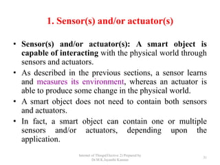 1. Sensor(s) and/or actuator(s)
• Sensor(s) and/or actuator(s): A smart object is
capable of interacting with the physical...