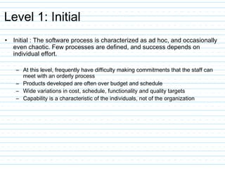 Level 1: Initial
• Initial : The software process is characterized as ad hoc, and occasionally
even chaotic. Few processes are defined, and success depends on
individual effort.
– At this level, frequently have difficulty making commitments that the staff can
meet with an orderly process
– Products developed are often over budget and schedule
– Wide variations in cost, schedule, functionality and quality targets
– Capability is a characteristic of the individuals, not of the organization
 