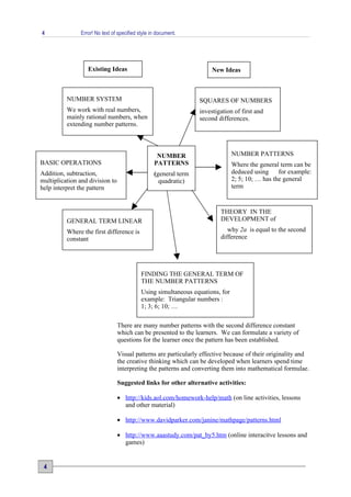 4              Error! No text of specified style in document.




                  Existing Ideas                                       New Ideas



          NUMBER SYSTEM                                           S
                                                                  SQUARES OF NUMBERS
          We work with real numbers,                              investigation of first and
          mainly rational numbers, when                           second differences.
          extending number patterns.



                                                   NUMBER                       NUMBER PATTERNS
BASIC OPERATIONS                                  PATTERNS                      Where the general term can be
Addition, subtraction,                            (general term                 deduced using     for example:
multiplication and division to                      quadratic)                  2; 5; 10; … has the general
help interpret the pattern                                                      term


                                                                          THEORY IN THE
          GENERAL TERM LINEAR                                             DEVELOPMENT of
          Where the first difference is                                      why 2a is equal to the second
          constant                                                        difference




                                            FINDING THE GENERAL TERM OF
                                            THE NUMBER PATTERNS
                                            Using simultaneous equations, for
                                            example: Triangular numbers :
                                            1; 3; 6; 10; …

                                 There are many number patterns with the second difference constant
                                 which can be presented to the learners. We can formulate a variety of
                                 questions for the learner once the pattern has been established.

                                 Visual patterns are particularly effective because of their originality and
                                 the creative thinking which can be developed when learners spend time
                                 interpreting the patterns and converting them into mathematical formulae.

                                 Suggested links for other alternative activities:

                                 • http://kids.aol.com/homework-help/math (on line activities, lessons
                                   and other material)

                                 • http://www.davidparker.com/janine/mathpage/patterns.html

                                 • http://www.aaastudy.com/pat_by5.htm (online interacitve lessons and
                                   games)


 4
 