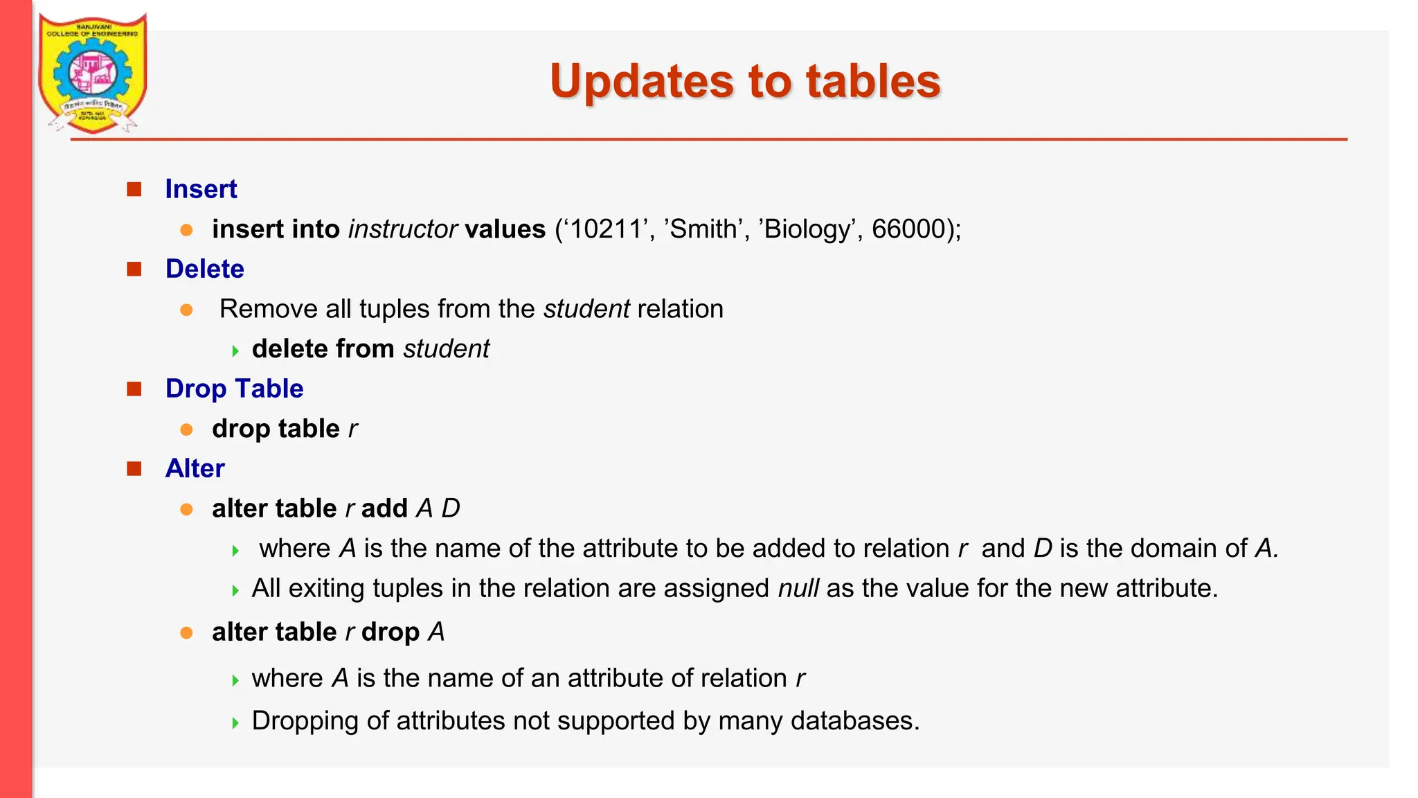 Updates to tables  Insert  insert into instructor values (‘10211’, ’Smith’, ’Biology’, 66000);  Delete  Remove all tuples from the student relation  delete from student  Drop Table  drop table r  Alter  alter table r add A D  where A is the name of the attribute to be added to relation r and D is the domain of A.  All exiting tuples in the relation are assigned null as the value for the new attribute.  alter table r drop A  where A is the name of an attribute of relation r  Dropping of attributes not supported by many databases. 