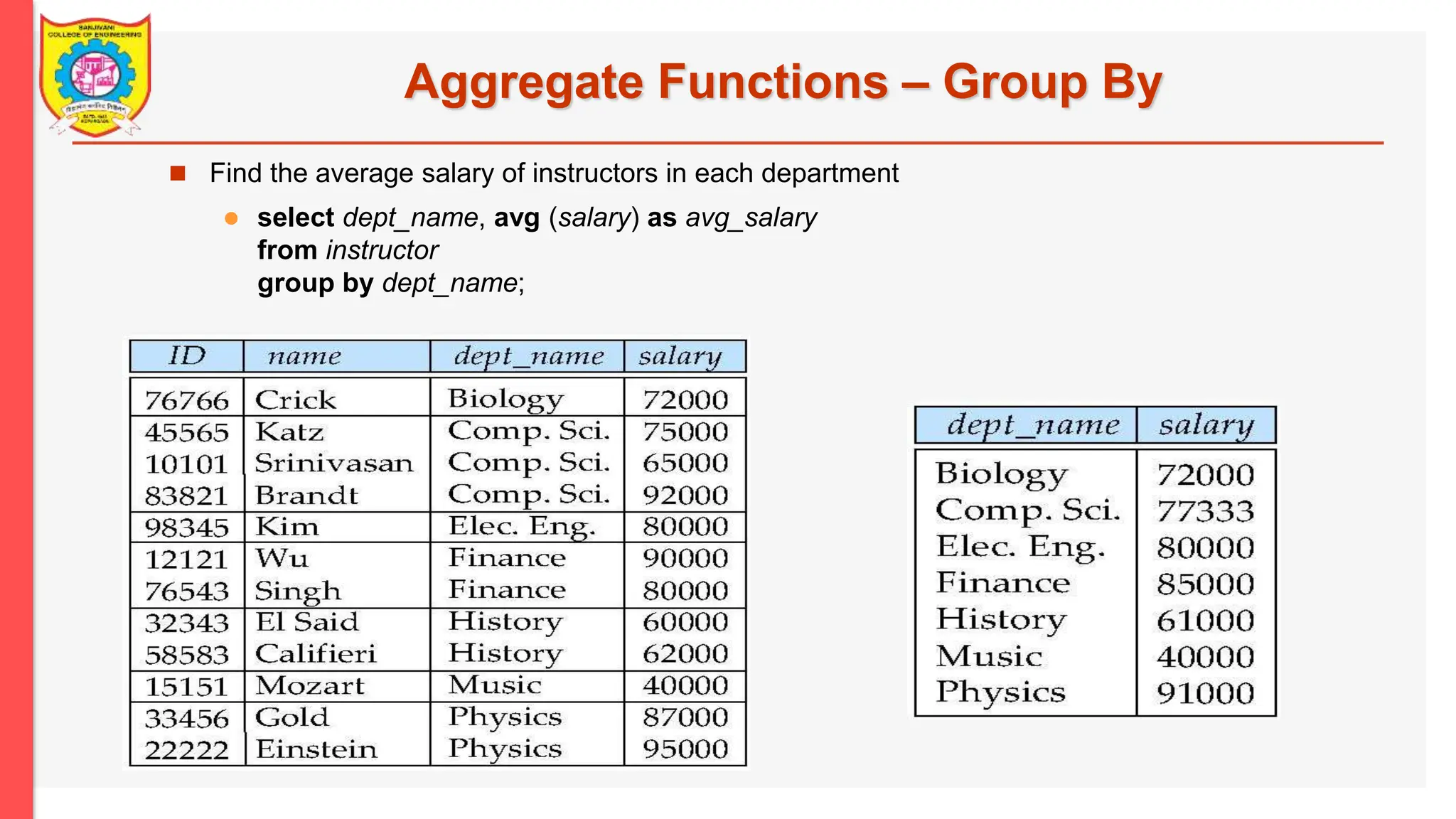 Aggregate Functions – Group By  Find the average salary of instructors in each department  select dept_name, avg (salary) as avg_salary from instructor group by dept_name; 
