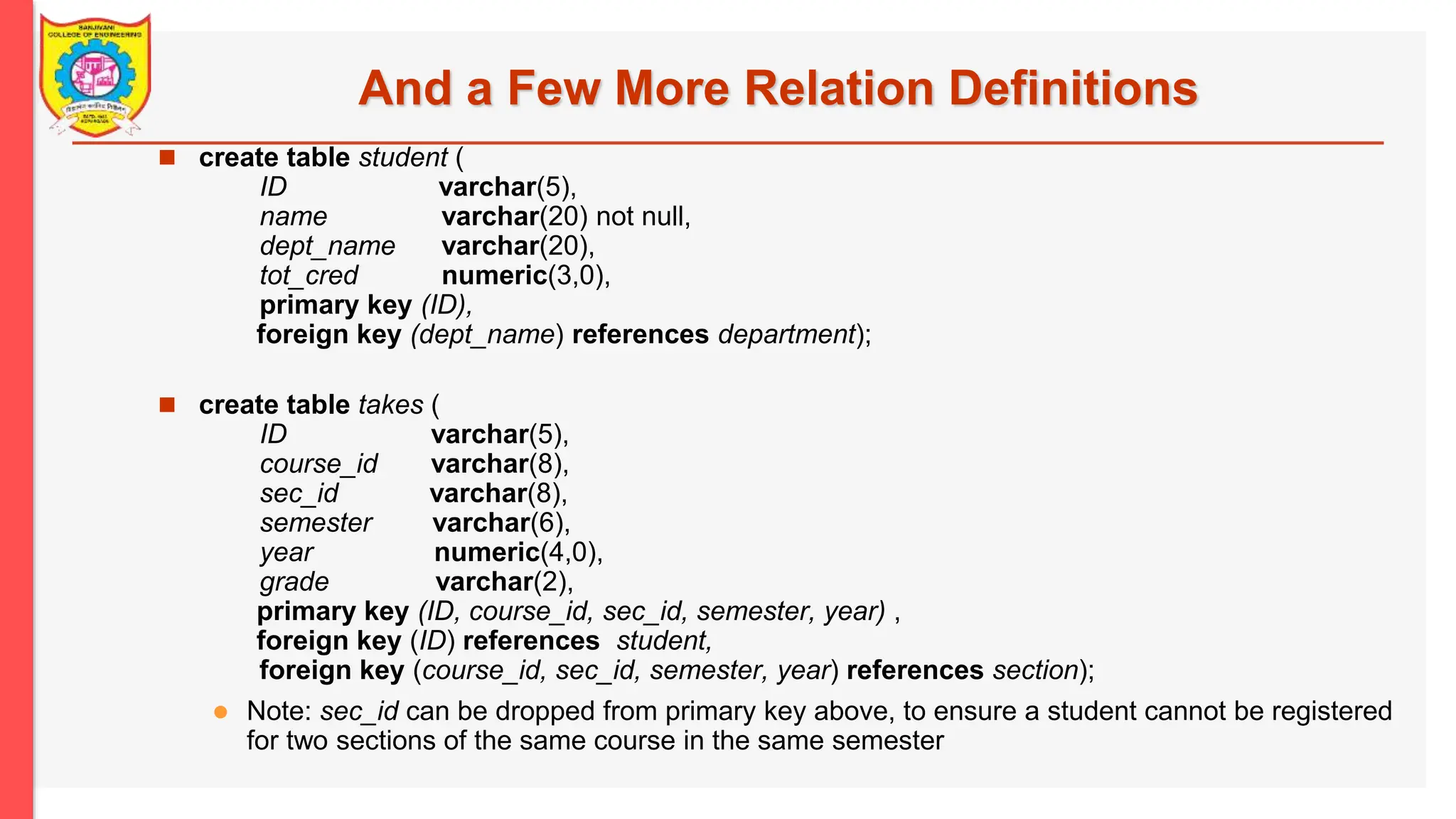 And a Few More Relation Definitions  create table student ( ID varchar(5), name varchar(20) not null, dept_name varchar(20), tot_cred numeric(3,0), primary key (ID), foreign key (dept_name) references department);  create table takes ( ID varchar(5), course_id varchar(8), sec_id varchar(8), semester varchar(6), year numeric(4,0), grade varchar(2), primary key (ID, course_id, sec_id, semester, year) , foreign key (ID) references student, foreign key (course_id, sec_id, semester, year) references section);  Note: sec_id can be dropped from primary key above, to ensure a student cannot be registered for two sections of the same course in the same semester 