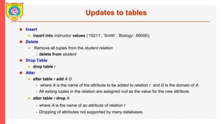 Updates to tables
? Insert
? insert into instructor values (10211, Smith, Biology, 66000);
? Delete
? Remove all tuples from the student relation
? delete from student
? Drop Table
? drop table r
? Alter
? alter table r add A D
? where A is the name of the attribute to be added to relation r and D is the domain of A.
? All exiting tuples in the relation are assigned null as the value for the new attribute.
? alter table r drop A
? where A is the name of an attribute of relation r
? Dropping of attributes not supported by many databases.
 