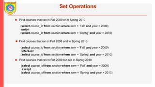 Set Operations
? Find courses that ran in Fall 2009 or in Spring 2010
? Find courses that ran in Fall 2009 but not in Spring 2010
(select course_id from section where sem = Fall and year = 2009)
union
(select course_id from section where sem = Spring and year = 2010)
? Find courses that ran in Fall 2009 and in Spring 2010
(select course_id from section where sem = Fall and year = 2009)
intersect
(select course_id from section where sem = Spring and year = 2010)
(select course_id from section where sem = Fall and year = 2009)
except
(select course_id from section where sem = Spring and year = 2010)
 