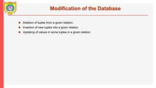 Modification of the Database
? Deletion of tuples from a given relation.
? Insertion of new tuples into a given relation
? Updating of values in some tuples in a given relation
 