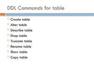 DDL Commands for table
 Create table
 Alter table
 Describe table
 Drop table
 Truncate table
 Rename table
 Show table
 Copy table
 