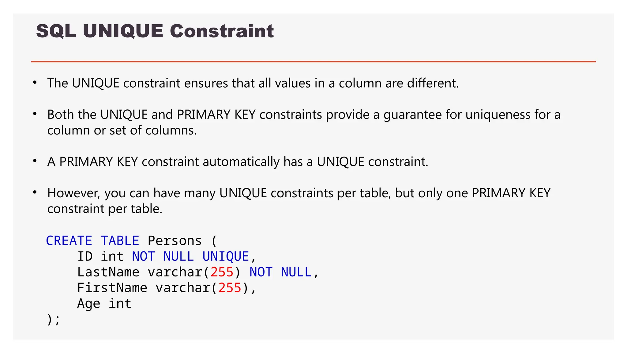 SQL UNIQUE Constraint
• The UNIQUE constraint ensures that all values in a column are different.
• Both the UNIQUE and PRIMARY KEY constraints provide a guarantee for uniqueness for a
column or set of columns.
• A PRIMARY KEY constraint automatically has a UNIQUE constraint.
• However, you can have many UNIQUE constraints per table, but only one PRIMARY KEY
constraint per table.
CREATE TABLE Persons (
ID int NOT NULL UNIQUE,
LastName varchar(255) NOT NULL,
FirstName varchar(255),
Age int
);
 