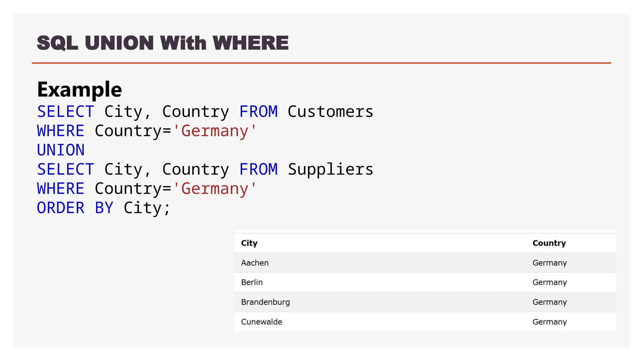SQL UNION With WHERE
Example
SELECT City, Country FROM Customers
WHERE Country='Germany'
UNION
SELECT City, Country FROM Suppliers
WHERE Country='Germany'
ORDER BY City;
 