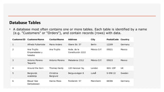 Database Tables
• A database most often contains one or more tables. Each table is identified by a name
(e.g. "Customers" or "Orders"), and contain records (rows) with data.
 
