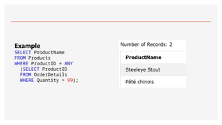 Example
SELECT ProductName
FROM Products
WHERE ProductID = ANY
(SELECT ProductID
FROM OrderDetails
WHERE Quantity > 99);
 