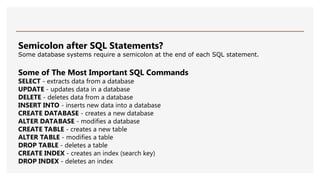 Semicolon after SQL Statements?
Some database systems require a semicolon at the end of each SQL statement.
Some of The Most Important SQL Commands
SELECT - extracts data from a database
UPDATE - updates data in a database
DELETE - deletes data from a database
INSERT INTO - inserts new data into a database
CREATE DATABASE - creates a new database
ALTER DATABASE - modifies a database
CREATE TABLE - creates a new table
ALTER TABLE - modifies a table
DROP TABLE - deletes a table
CREATE INDEX - creates an index (search key)
DROP INDEX - deletes an index
 