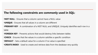 The following constraints are commonly used in SQL:
•NOT NULL - Ensures that a column cannot have a NULL value
•UNIQUE - Ensures that all values in a column are different
•PRIMARY KEY - A combination of a NOT NULL and UNIQUE. Uniquely identifies each row in a
table
•FOREIGN KEY - Prevents actions that would destroy links between tables
•CHECK - Ensures that the values in a column satisfies a specific condition
•DEFAULT - Sets a default value for a column if no value is specified
•CREATE INDEX - Used to create and retrieve data from the database very quickly
 