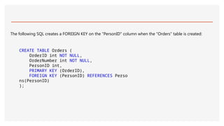 The following SQL creates a FOREIGN KEY on the "PersonID" column when the "Orders" table is created:
CREATE TABLE Orders (
OrderID int NOT NULL,
OrderNumber int NOT NULL,
PersonID int,
PRIMARY KEY (OrderID),
FOREIGN KEY (PersonID) REFERENCES Perso
ns(PersonID)
);
 