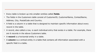 • Every table is broken up into smaller entities called fields.
• The fields in the Customers table consist of CustomerID, CustomerName, ContactName,
Address, City, PostalCode and Country.
• A field is a column in a table that is designed to maintain specific information about every
record in the table.
• A record, also called a row, is each individual entry that exists in a table. For example, there
are 6 records in the above Customers table.
• A record is a horizontal entity in a table.
• A column is a vertical entity in a table that contains all information associated with a
specific field in a table.
 