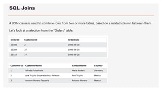 SQL Joins
A JOIN clause is used to combine rows from two or more tables, based on a related column between them.
Let's look at a selection from the "Orders" table:
 