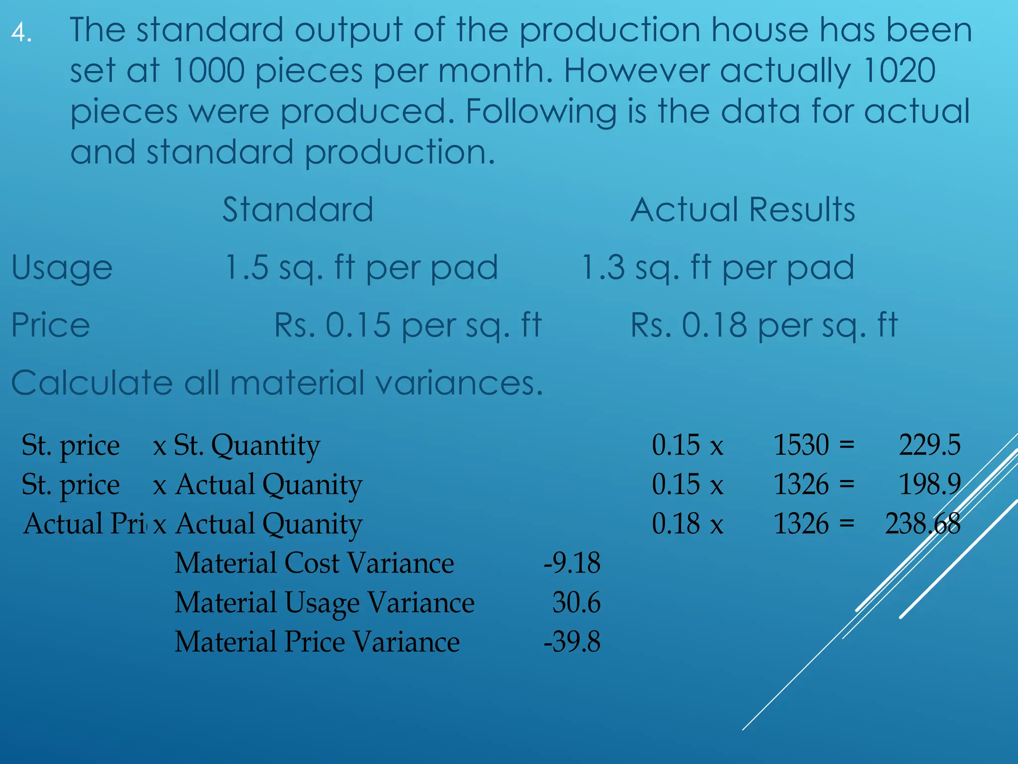 4. The standard output of the production house has been
set at 1000 pieces per month. However actually 1020
pieces were produced. Following is the data for actual
and standard production.
Standard Actual Results
Usage 1.5 sq. ft per pad 1.3 sq. ft per pad
Price Rs. 0.15 per sq. ft Rs. 0.18 per sq. ft
Calculate all material variances.
St. price x St. Quantity 0.15 x 1530 = 229.5
St. price x Actual Quanity 0.15 x 1326 = 198.9
Actual Price
x Actual Quanity 0.18 x 1326 = 238.68
Material Cost Variance -9.18
Material Usage Variance 30.6
Material Price Variance -39.8
 
