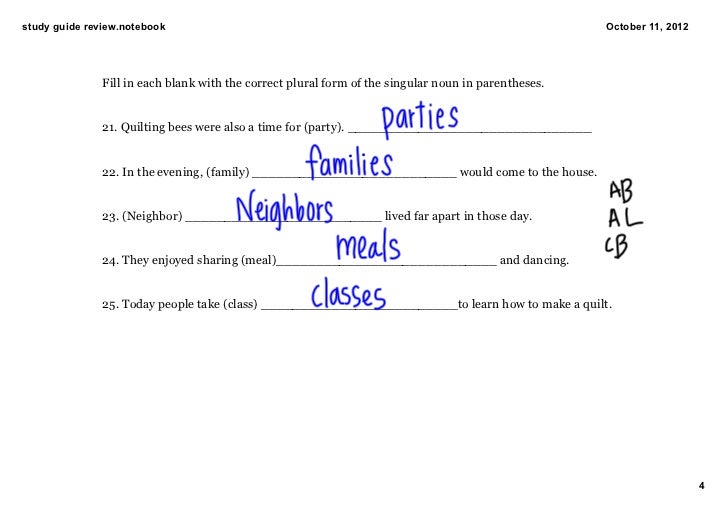 unit 2 study guide write the plural form of each noun