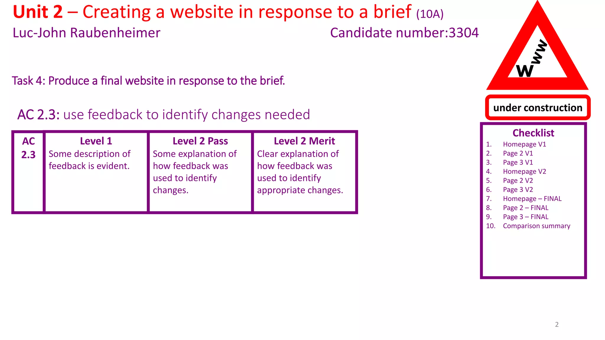 Checklist
1. Homepage V1
2. Page 2 V1
3. Page 3 V1
4. Homepage V2
5. Page 2 V2
6. Page 3 V2
7. Homepage – FINAL
8. Page 2 – FINAL
9. Page 3 – FINAL
10. Comparison summary
Unit 2 – Creating a website in response to a brief (10A)
Luc-John Raubenheimer Candidate number:3304
2
under construction
W
Level 1
Some description of
feedback is evident.
Level 2 Pass
Some explanation of
how feedback was
used to identify
changes.
AC
2.3
Level 2 Merit
Clear explanation of
how feedback was
used to identify
appropriate changes.
AC 2.3: use feedback to identify changes needed
Task 4: Produce a final website in response to the brief.
 