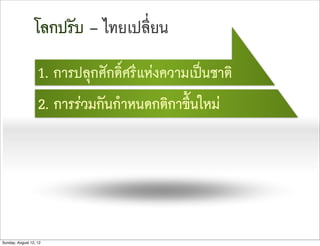 โลกปรับ – ไทยเปลี่ยน
                   1. การปลุกศักดิ์ศรีแหงความเปนชาติ
                   2. การรวมกันกำหนดกติกาขึ้นใหม




Sunday, August 12, 12
 
