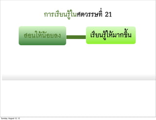 การเรียนรูในศตวรรษที่ 21

                        สอนใหนอยลง          เรียนรูใหมากขึ้น




Sunday, August 12, 12
 