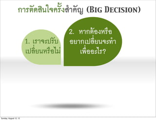 การตัดสินใจครั้งสำคัญ (Big Decision)
                                       2. หากตองหรือ
                        1. เราจะปรับ อยากเปลี่ยนจะทำ
                        เปลี่ยนหรือไม    เพื่ออะไร?




Sunday, August 12, 12
 