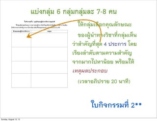 แบงกลุม 6 กลุมกลุมละ 7-8 คน
                                         ใหกลุมเลือกคุณลักษณะ
                                         ของผูนำทางวิชาที่กลุมเห็น
                                      วาสำคัญที่สุด 4 ประการ โดย
                                      เรียงลำดับตามความสำคัญ
                                      จากมากไปหานอย พรอมให
                                      เหตุผลประกอบ
                                         (เวลาอภิปราย 20 นาที)


                                              ใบกิจกรรมที่ 2**
Sunday, August 12, 12
 